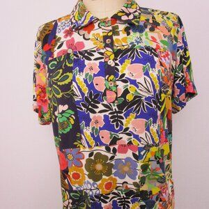 Collar Jersey Bamboo Knit Patchwork Floral Pearl Buttons